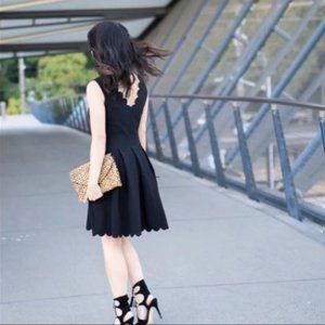 Banana Republic Scalloped Fit and Flare Scuba Black Dress Pleats Pockets 2 petit